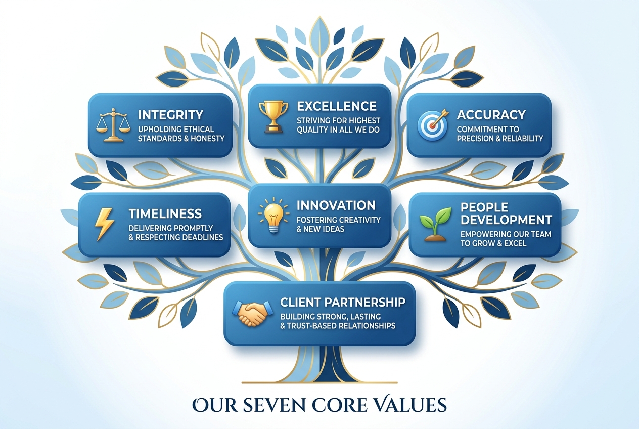 Our Seven Core Values - Integrity, Excellence, Accuracy, Timeliness, Innovation, People Development, Client Partnership